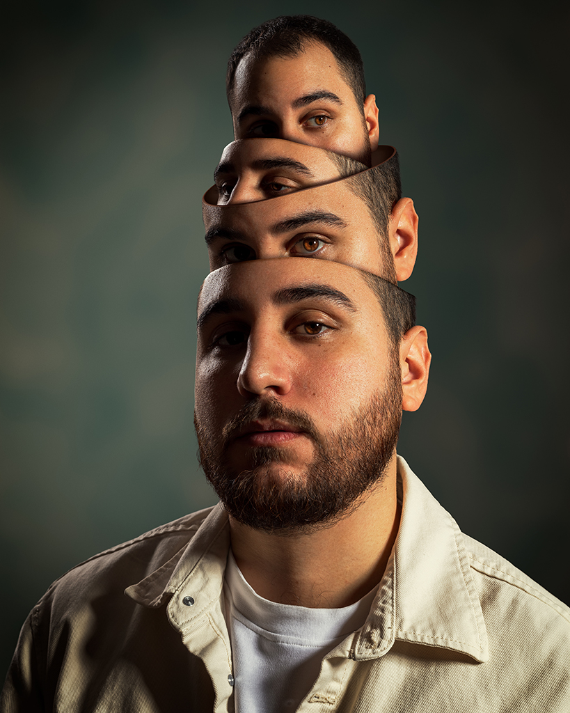 Retrato artístico de hombre con barba con efecto surrealista de cabezas cortadas una dentro de otra, realizado mediante retoque digital avanzado por Carles Chordà.